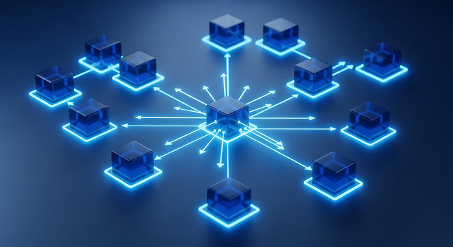 Network hub with interconnected data nodes and digital blocks technology connectivity communication information connection infrastructure internet structure computing