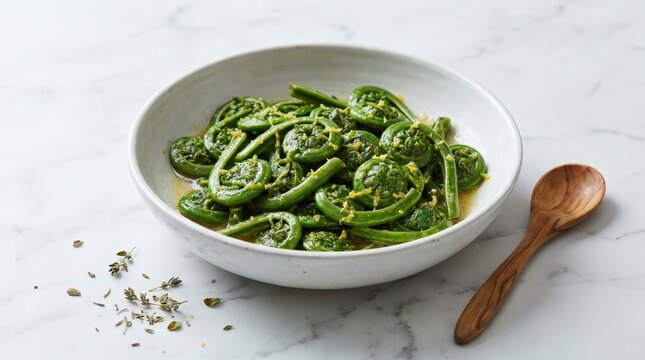 A close-up, high-angle shot of a white ceramic bowl filled with saut??ed fiddlehead ferns, sprinkled with lemon zest, served with a wooden spoon nearby.
