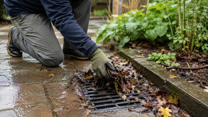 Naklejka premium Home garden maintenance scene with gloved hand cleaning outdoor drain grate, illustrating rainwater management, yard upkeep and weather related maintenance.