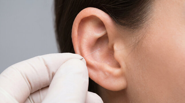 Close up of doctor applying auricular acupuncture to female ear