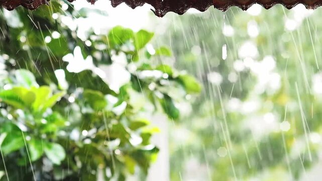 Hard rain falling with heavy rainfall, raindrop streaks and water drizzle in rainy weather from roof edge and eave over green leaf bokeh background