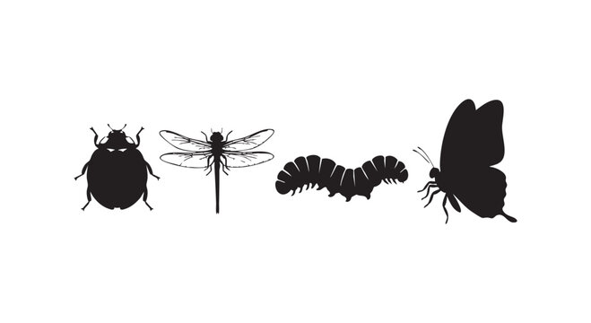 Collection of garden and forest insect silhouettes including butterfly ladybug dragonfly and fuzzy caterpillar.