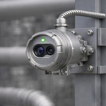 Industrial pipe valve with integrated green sensor or vibration detector on process piping in factory or chemical plant, condition monitoring for automated process safety and flow detection