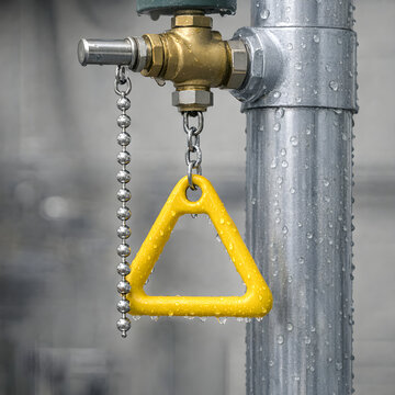 Emergency safety shower pull handle chain and valve assembly with realistic water droplets on metal pipe, industrial chemical safety compliance hardware for emergency decontamination and eye wash