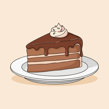Modern flat vector of chocolate cake slice on a dessert plate food isolated on white background with bold shapes and clean outlines. Suitable for restaurant menus, advertising, posters.