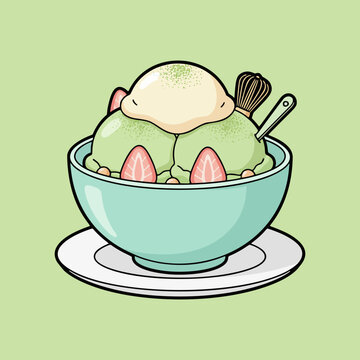 Modern flat vector of matcha dessert bowl food isolated on white background with bold shapes and clean outlines. Suitable for restaurant menus, advertising, posters
