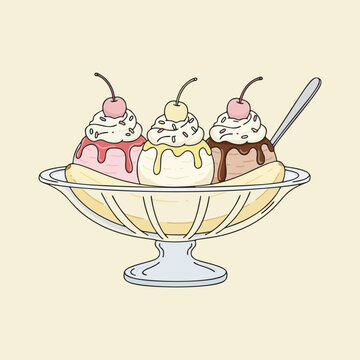 Modern flat vector of banana split served in a dish food isolated on white background with bold shapes and clean outlines. Suitable for restaurant menus, advertising, posters 