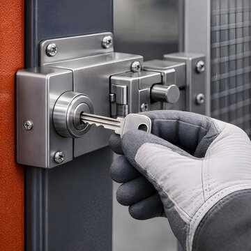 Trapped key interlock system on machine guard door with gloved hand inserting metal key, industrial machine safety interlocking device for guard access control and hazardous energy isolation