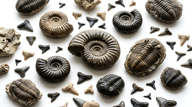 Collection of ancient fossils isolated on a white background, including ammonites and trilobites