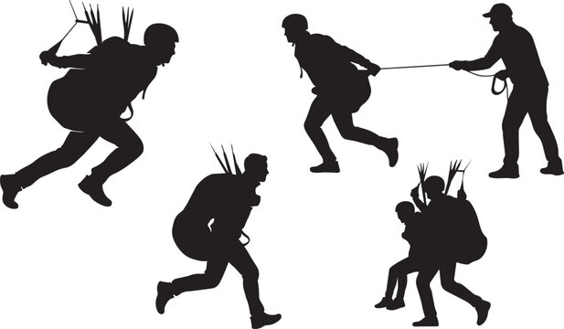 Parachuting, skydiving silhouettes, black vector icons, adventure sports graphics, parachute jumpers