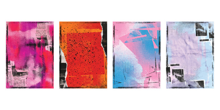 Set of four colorful abstract art posters with torn paper texture and vintage collage style design elements