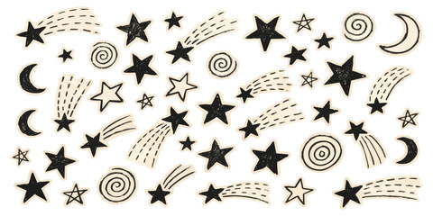 Set of hand drawn doodle stars shooting stars and crescent moons for creative design and celestial patterns © GraphixEra