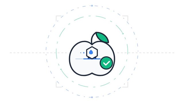 Animated digital apple icon with water droplet and checkmark validation
