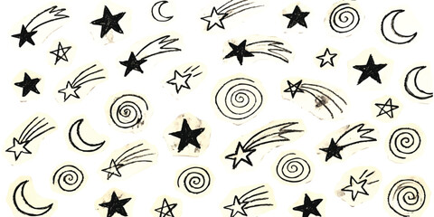 Cute hand drawn seamless pattern with stars shooting stars crescent moons and swirls in black and white sketch style © GraphixEra
