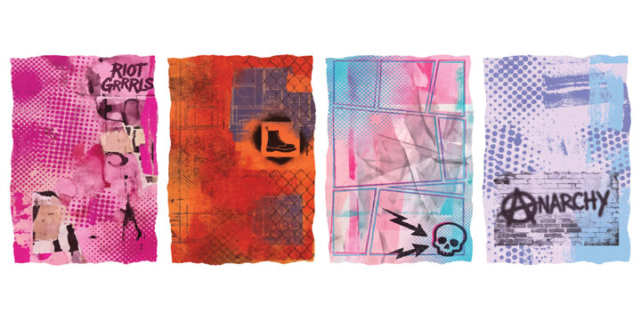Set of four colorful punk rock paper collage textures with grunge elements and anarchy symbols for art design