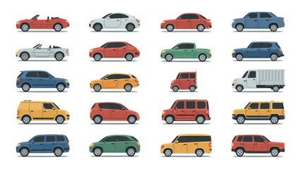 Naklejka premium Colorful collection of vintage cars driving on a flat road illustration Vector