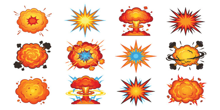 Set of colorful cartoon comic book explosion icons with bright smoke and fire clouds for action graphics