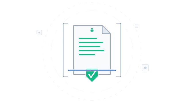 Digital document security scanning animation with file locking icon