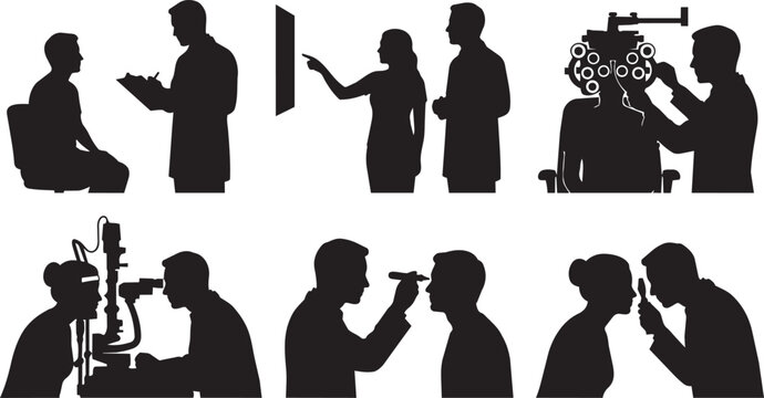 Optometrist, eye exam, silhouettes, black icons, medical vector set