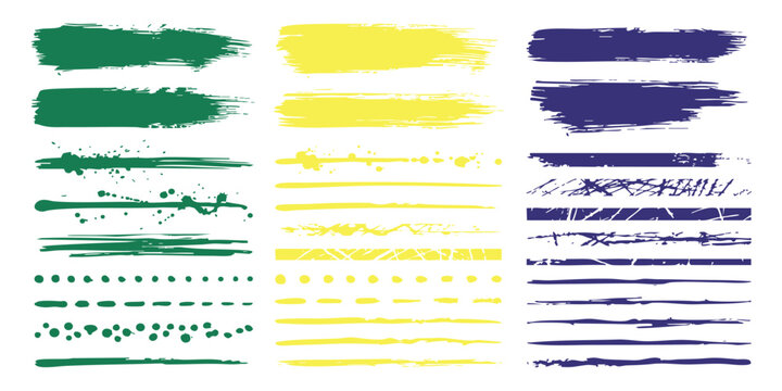 Set of colorful paint brush strokes and ink lines in green yellow and blue artistic hand drawn vector elements