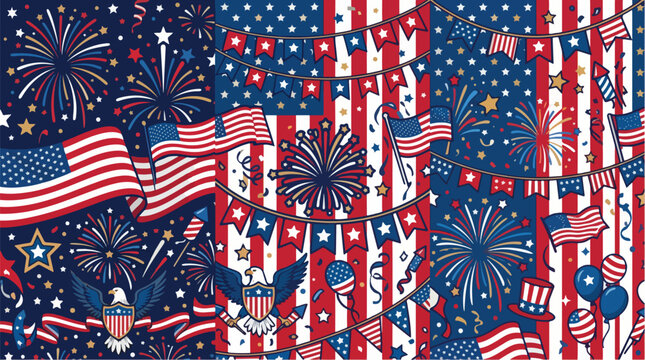 Seamless pattern design featuring american flags bald eagles fireworks and patriotic bunting for holiday celebrations