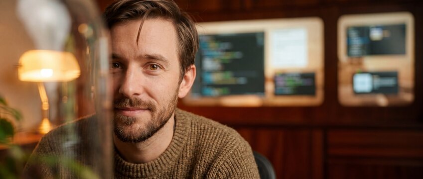 Male software programmer coder smiling in cozy home office setting with computer screens displaying code, happy bearded software developer working late as an IT professional under warm evening lights.