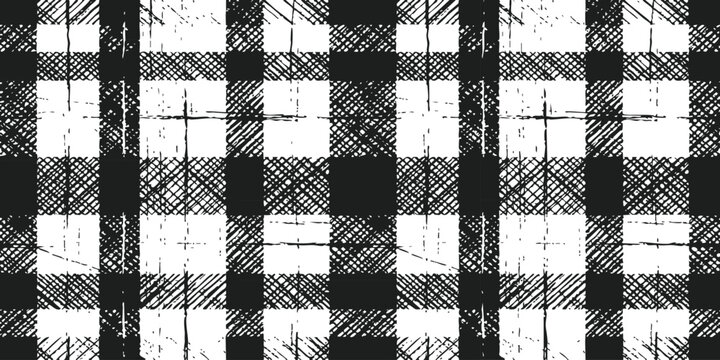 Black and white lumberjack plaid pattern with a rough hand drawn sketch texture for fabric and textile design