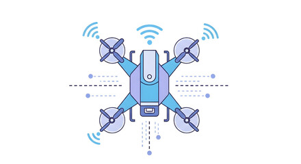 Fototapeta premium Stylized illustration of a modern quadcopter drone with active wireless signal indicators and data flow elements.