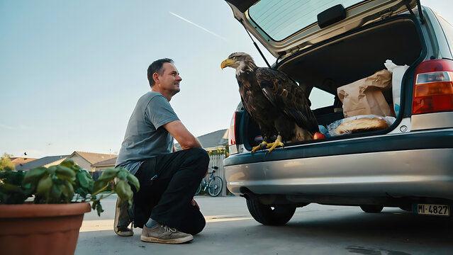 Man kneeling beside car with eagle standing in the open trunk outdoors