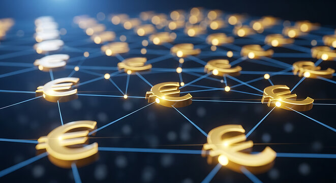 Abstract digital network connection with floating golden euro currency symbols as a representation of global finance and digital economy currency investment technology business connection