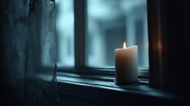 A glowing candle on a windowsill with a sheer curtain and a blurred, cold window view
