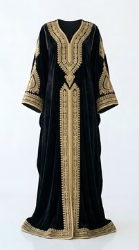 Traditional black velvet kaftan dress with detailed golden embroidery isolated on background.