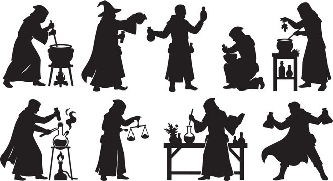 Black silhouette witchcraft icons, magic symbols, mystical rituals, occult practices, vector graphics