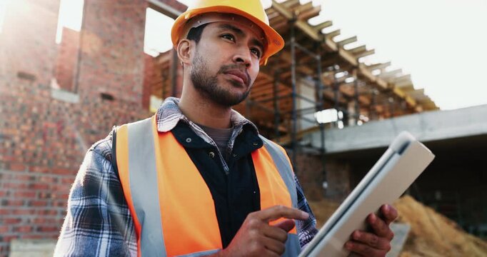 Builder, thinking and man with tablet at construction site, architecture or safety inspection on web. Architect, reflection and person with tech for property development, scroll and plan for project