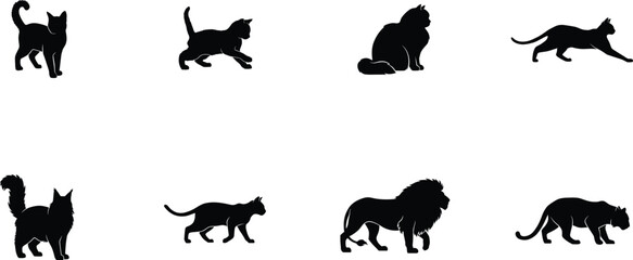 Fototapeta premium Cat and Big Cat Silhouette Vector Set Featuring Domestic Feline, Lion and Panther Animal Poses