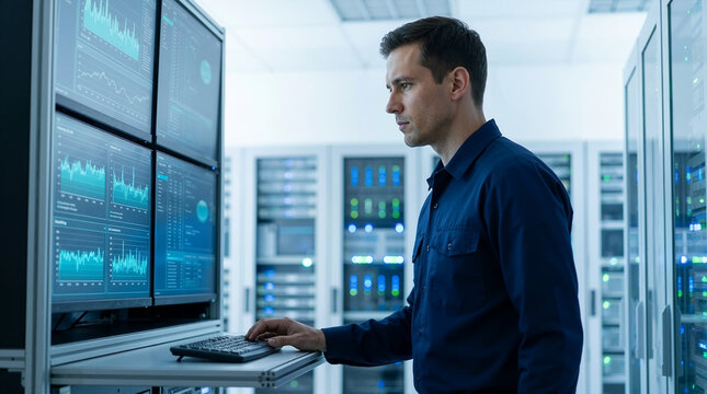 Data center technician monitoring systems with multiple screens for IT support, technology blogs, cybersecurity awareness, and network management insights