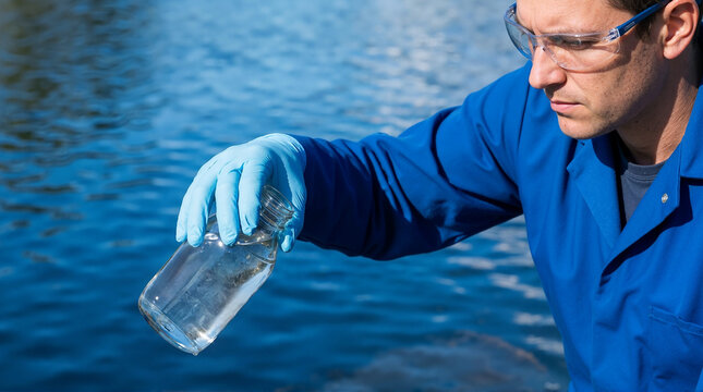 Technician collecting a water sample from a lake for environmental research, scientific studies, and water quality analysis