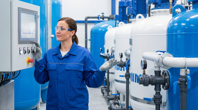Operator monitoring treatment tanks and equipment in a modern facility for industrial safety, engineering blogs, and technical training materials