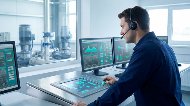 Control room operator monitoring pumps from a console for industrial management, engineering websites, training materials, and technology content