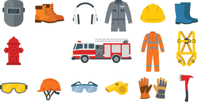 Industrial Safety Equipment and PPE Icons Set with Firefighter Gear, Workwear and Protection Tools