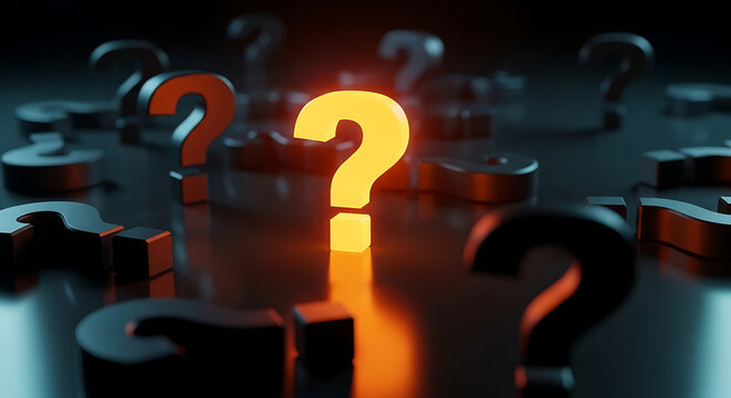 Glowing gold question mark symbol surrounded by dark question marks with question uncertainty conceptual decision background strategy lighting business solution reflection