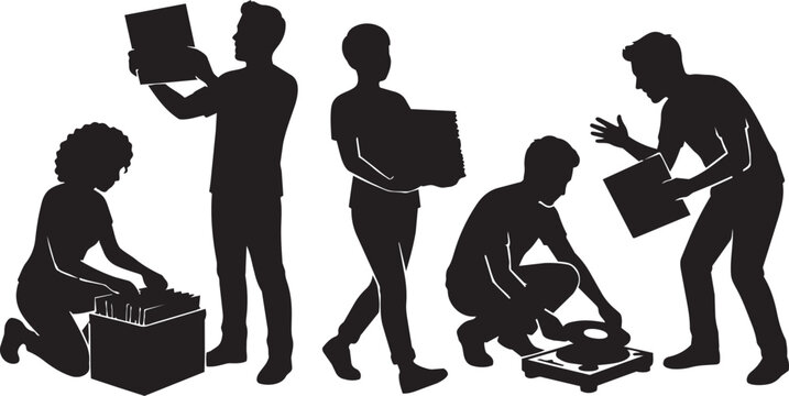 Moving, people, silhouettes, icons, packing, boxes, moving day, relocation, vector graphics
