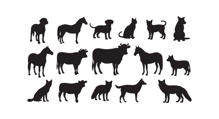 Obraz premium Collection of silhouette animals including horses cows dogs cats birds and other farm and wild animals in vector graphics.