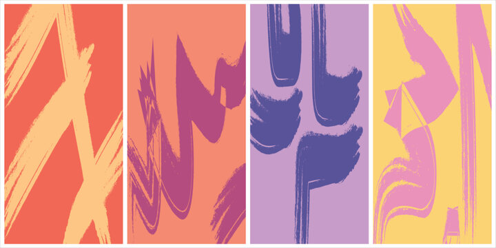 Four vertical abstract backgrounds with creative colorful brush strokes and artistic shapes for modern graphic design usage.