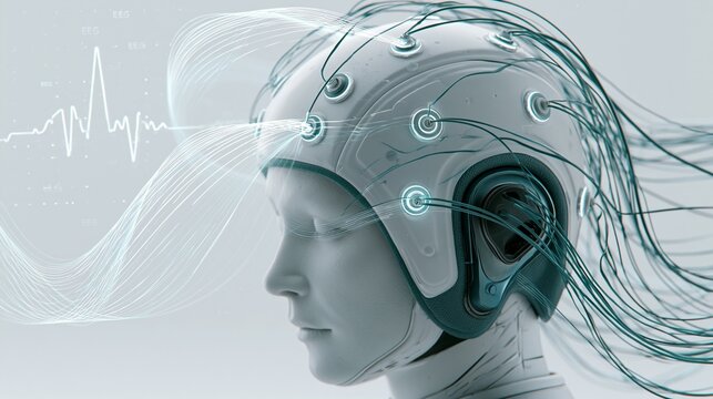 Medium shot of a sleek EEG head cap with glowing sensors and dynamic signal flows set on a white translucent background featuring subtle EEG waveform icons and clean tech design.