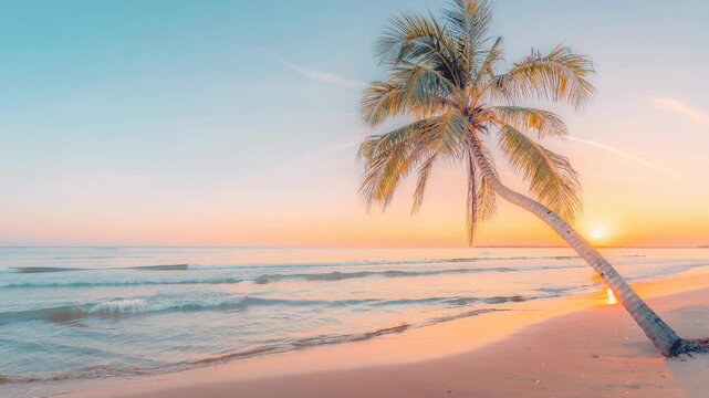Tropical beach with palm tree and calm ocean waves during beautiful sunset scenery