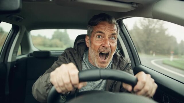 Mature man driving car showing intense fear and panic reaction on highway