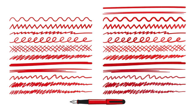 Collection of hand drawn red ink lines squiggles underlines and brush strokes with fountain pen on transparent base.