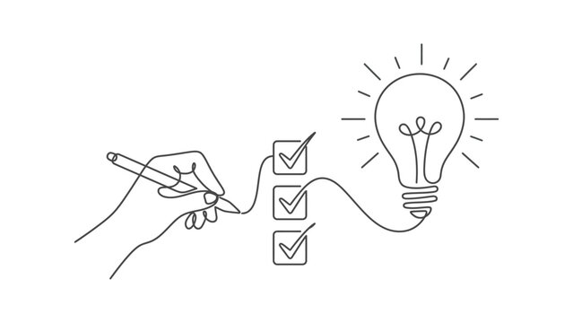 continuous line drawing  Hand holding pencil checking boxes with lightbulb moment.