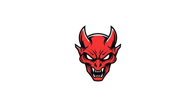 Red devil head with horns and sharp teeth.